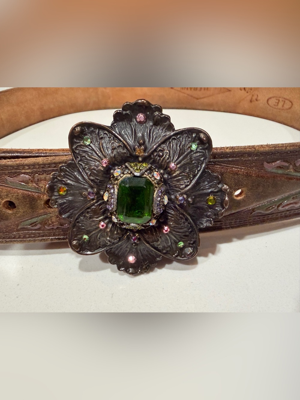 Beth Frank Vintage Floral Buckle Belt with Green Gem, size 36